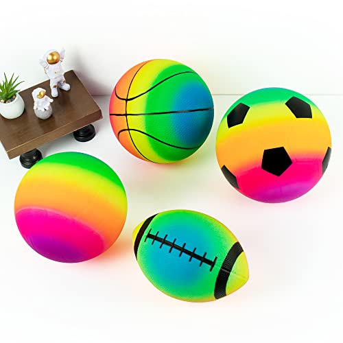 Homotte Rainbow Sports Balls Pack of 4, 1 Each of 8.5" Football, Basketball, Soccer and Volleyball for Playground, Inflata...