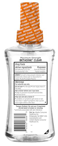 Betadine Clear First Aid Spray, Max Strength Pain Relieving Antiseptic Cleansing Spray, No Stinging, Kills 99.9% of Germs*, Helps Prevent Infections, 6 oz