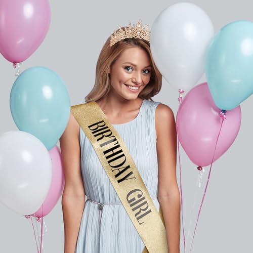 COCIDE BIRTHDAY GIRL Sash for Women Happy Birthday Sashes and Crowns for Girls Crystal Tiaras for Princess Gold Party Deco...