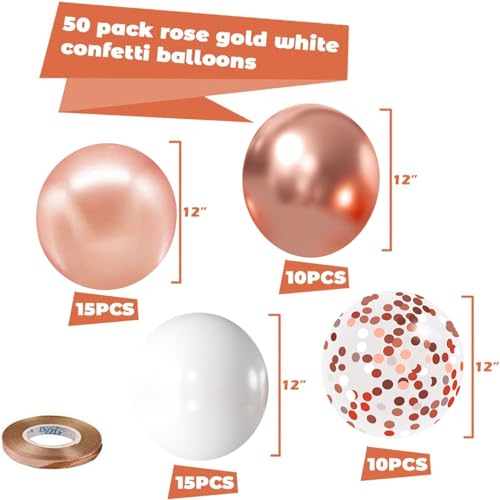 Zesliwy Rose Gold Confetti Balloons, 50 Pack 12 inch White and Rose Gold Latex Balloons with 33 Feet Rose Gold Ribbon for ...