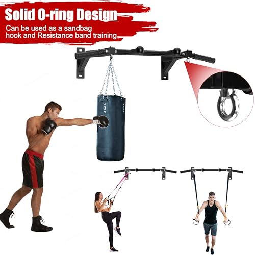 HWOOUSA Wall Mount Pull Up Bar, Heavy Duty Steel PullUp Bar Fits 16" & 24" Wood Studs, Multi Grip Pull Up Bar with Ball Fi...