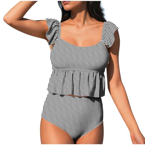 Women's 2 Piece Striped Beach Tankini Swimsuits, Square Neck Cap Sleeve Ruffle Fashion Bathing Suits Vacation Outfits