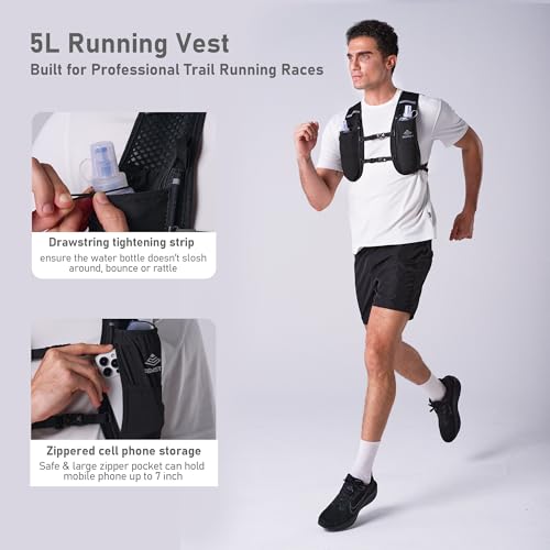 SEMSTY Running Vest for Women Men, 5L Hydration Vest with Dual 500ml Soft Flask, Lightweight Water Backpack, Adjustable Ch...