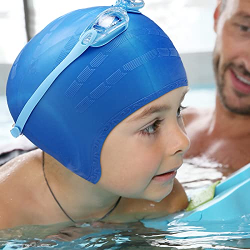 4 Pack Swim Caps for Kids Swimming Cap and Goggles for Boys Girls Silicone Swim Bath Hats with Ear Plugs Nose Clip for Sho...
