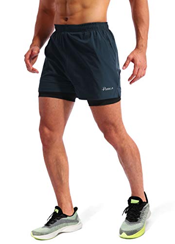 Pudolla Men’s 2 in 1 Running Shorts 5" Quick Dry Gym Athletic Workout Shorts for Men with Phone Pockets