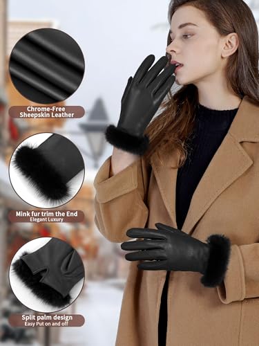 FIORETTO Womens Chrome-Free Genuine Leather Gloves with Fur Cuff Touchscreen Winter Warm Driving Gloves Cashmere Lined 21020