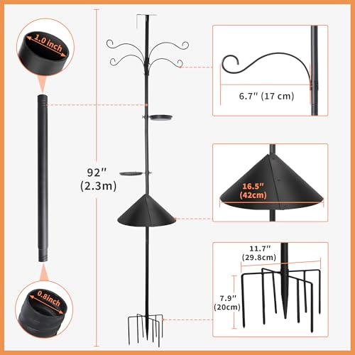 eWonLife 92 Inch Squirrel Proof Bird Feeder Pole with 9 Prongs Base, 1 Inch Dia Smart Bird Feeder Pole for Outdoors Heavy ...