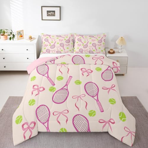 Tennis Kids Queen Comforter Sets,Girls Sport Cute Bowknot Reversible Bedding Set for Boys Teens,Outdoor Sport Ball Game Qu...