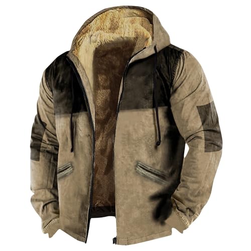 Mens Jacket Thick Sherpa Lined Color Block Western Hoodie Zip Up Fall Hooded Jacket Soft Fleece Coat Pocket Sweatshirt