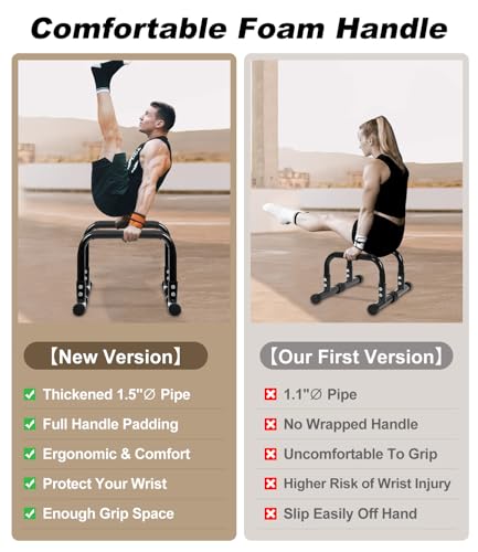 TABEKE Push Up Bar, 14'' High Steel Parallettes & Dip Bar with Full Coverage Foam Handle, Heavy-Duty Calisthenics Parallel...