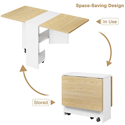 Space Saving Folding Dining Table with 2 Tier Storage-Extendable Drop Leaf Farmhouse Wood Kitchen Dining Room Tables Set f...