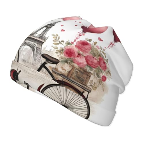 Love Paris Tower Coffee Wine Perfume Bicycle Heart Print Beanie Hat Soft Thermal Cap Winter Headwear for Cold Indoor Outdo...