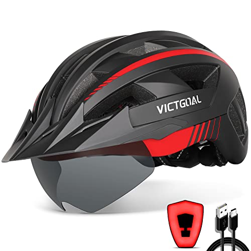 VICTGOAL Bike Helmet with USB Rechargeable Rear Light Detachable Magnetic Goggles Removable Sun Visor Mountain & Road Bicy...
