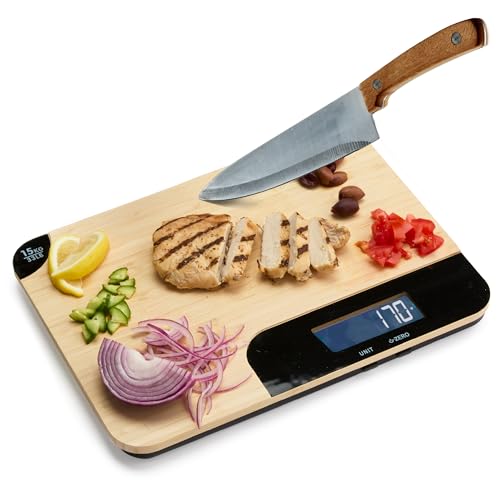 Sharper Image Bamboo Cutting Board & Digital Food Scale, 33 lb Capacity, Measures Grams & Ounces, Multi-Functional for Foo...