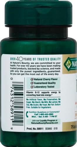 Nature's Bounty Vitamin B12 2500 mcg, Cellular Energy Support, for Energy Metabolism, Heart & Nervous System Health, 75 Quick Dissolve Tablets