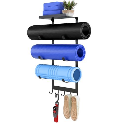 LSK Yoga Mat Holder Wall Mount, Black Yoga Mats Storage Rack, Home Gym Storage with Metal Floating Shelf for Storing Fitne...