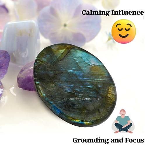 Amazing Gemstone Labradorite Thumb Worry Stone, Anxiety Stone, Healing Crystals - Piedra Crystal Fidget for Gift, Meditati...