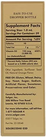 SOLGAR Liquid Vitamin D3 125 mcg (5,000 IU) - 2 fl oz - Delicious, Natural Orange Flavor - Helps Maintain Healthy Bones & Teeth - Immune System Support - Gluten Free, Dairy Free, Kosher - 59 Servings