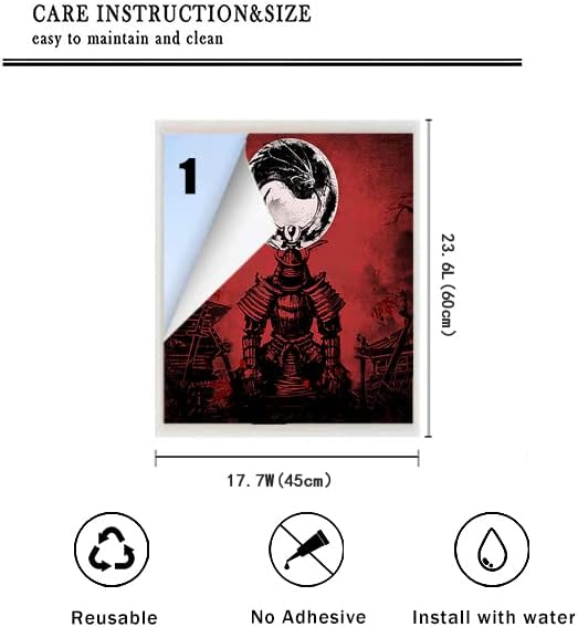 Japanese Samurai Window Film Abstract Vintage Samurai Blossom Dragon Full Moonstained Glass Window Film,Playroom Window Film,Nursery Window Film 17.7Wx23.6L-Inch X1Pcs