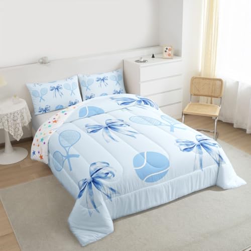 Castle Fairy Tennis Comforter Set Twin Size,Cartoon Tennis Racket and Ball Bedding Set 2 Pcs for Boys Girls,Kawaii Bowknot...