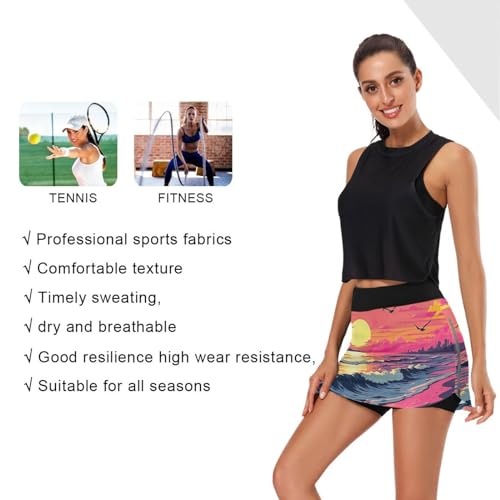 FLildon Sunset Beach Seagulls Tennis Skorts Skirts for Women Workout Athletic Skirt High Waisted with Pocket