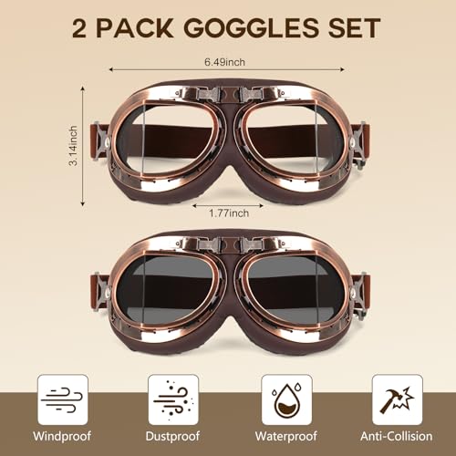 Lievermo Vintage Helmet Goggles 2 Pack Motorcycle Dirt Bike ATV Goggles Vintage Pilot Aviator Cruiser Scooter Off Road Mot...