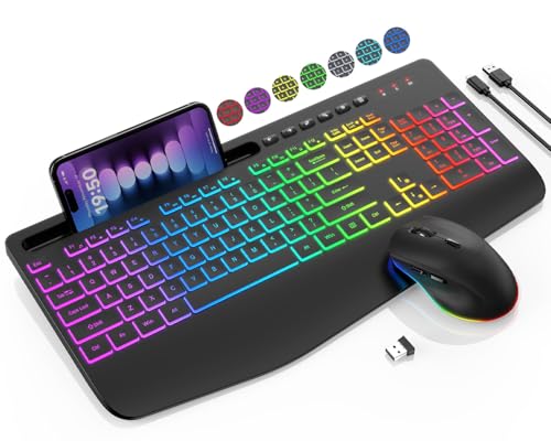 Wireless Keyboard and Mouse Combo - 9 Backlit Effects, RGB, Ergonomic Wrist Rest, Phone Holder, 2.4G Full Size, Rechargeab...