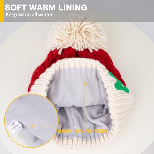 LILLBJORNEN Christmas Merry Beanie for Women Winter Crochet Hat Chunky Cable Knit Pompom Santa Hat