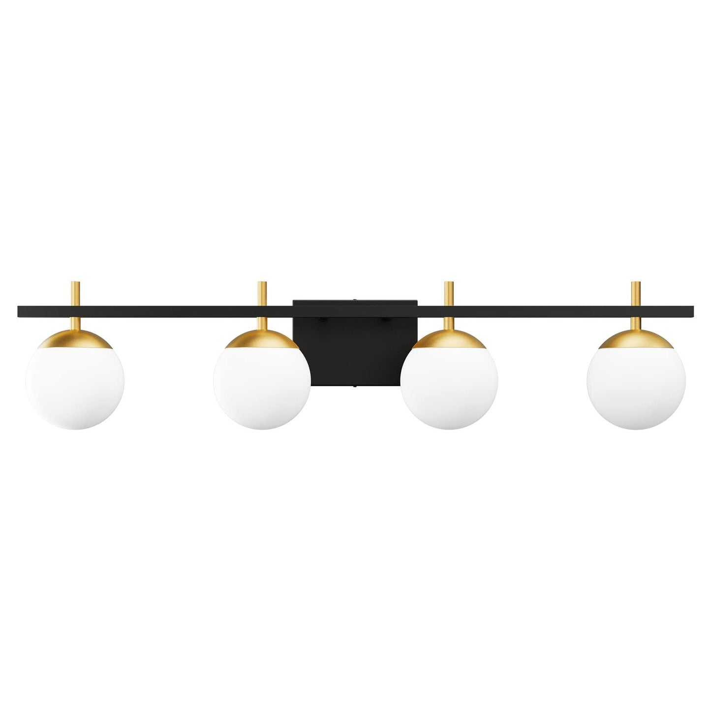 Ralbay Mid Century Modern 4-Light Vanity Light Fixture, Black/Gold, Metal, Model 1100, Milky Glass, Bathroom Over Mirror Lighting