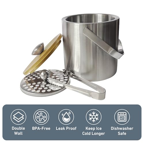 Lily's Home Double Wall Insulated Small Ice Bucket with Bamboo Lid - Stainless Steel Ice Holder with Tongs and Strainer, I...