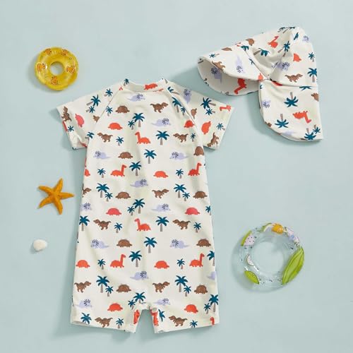 Ayalinggo Toddler Boys Rash Guard Swimsuit Sea World Animal Print Zipper Short Sleeve Bathing Suit with Swim Cap for Kids