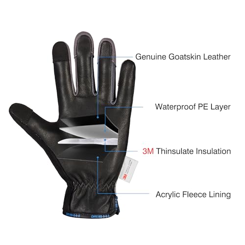 COOLJOB Waterproof Winter Sports Work Gloves for Men, Genuine Goatskin Leather with Fleece Lining, Thinsulate Warm Gloves ...