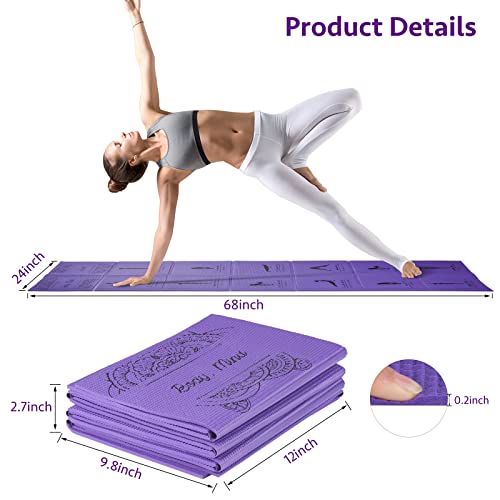 Foldable Yoga Mat for Women, Non Slip Exercise Mat for Home Gym, 5mm Travel Yoga Mats Set With Stretch Strap for Yoga Pila...