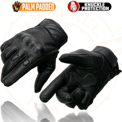 Milwaukee Leather MG7500 Men's Black Perforated Leather Gel Padded Palm Motorcycle Hand Gloves W/ 'Rubberized Hard Knuckl...