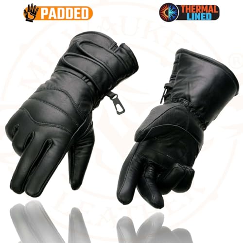 Milwaukee Leather SH233 Men's Black Leather Warm Lining Gauntlet Motorcycle Hand Gloves W/Double Strap Cuff Pull-on Closure
