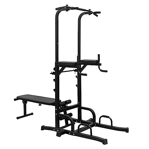 SculPong Pull Up Bar Station Adjustable Power Tower for Home Gym Strength Training Dip Stands with Bench