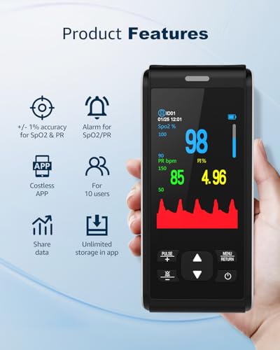 Pulse Oximeter Fingertip Handheld Pulse Oximeter With Continuous Monitor Blood Oxygen Saturation Monitor for Adults Rechar...
