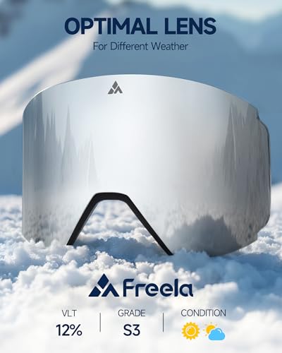 Freela Ski Goggles- Frameless, Magnetic OTG Snow Goggles Interchangeable Lens UV400 Protection Anti-Fog for Adult Men Women