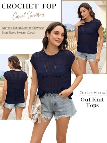 Bellcoco Womens Summer Crochet Tops Hollow Out Cap Sleeve Cover Up Tank Top Pullover Sweater Vest Beach Vacation Clothes
