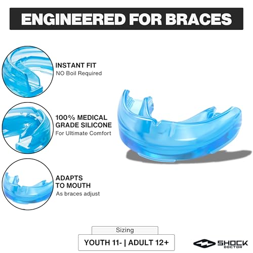 Shock Doctor Mouth Guard for Braces, Upper Teeth Protection, Instant Fit, Adult & Youth Sizes,Blue