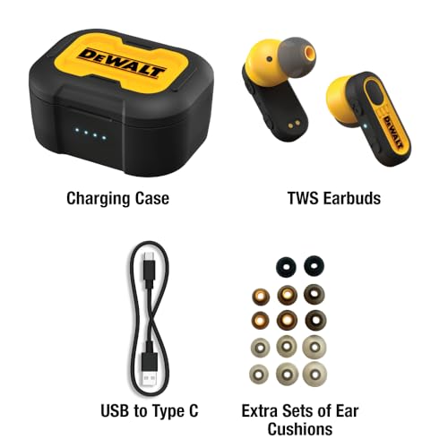 DEWALT Heavy Duty True Wireless Ear Buds, Bluetooth Headphones with Type C Charging Case Included, Over 37 Hours of Batter...