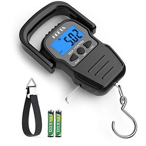 HEETA Fish Scale with Backlit LCD Display, Up to 110lb/50kg Digital Portable Hanging Fish Weight Scale with Hook & Measuri...