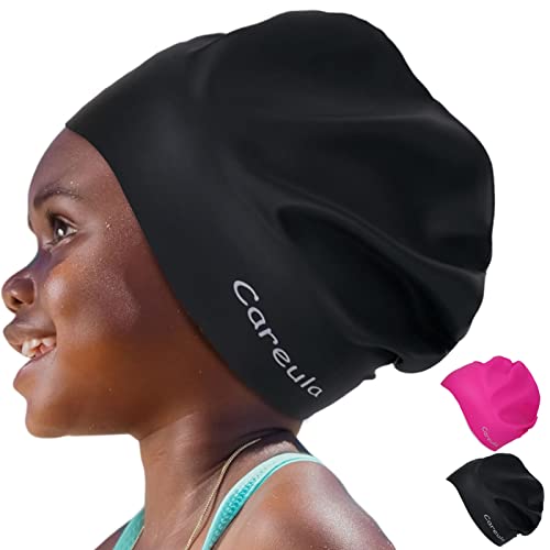 2 Pack Kids Swim Cap for Long Hair, Large Silicone Waterproof Swimming Cap for Age 3-15 Kids Girls Boys Toddler Children Y...