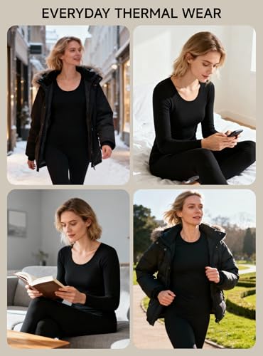 TRENDOUX Thermal Underwear for Women: Wool Long Johns Set with Fleece, Warm Base Layer Stretchy Top and Bottom Cold Weather