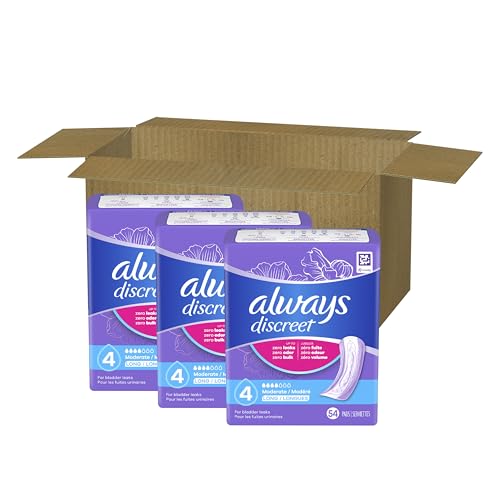 Always Discreet Adult Incontinence Pads for Women, Moderate Absorbency, Long Length, Postpartum Pads, 162 Count (3 Packs of 54)