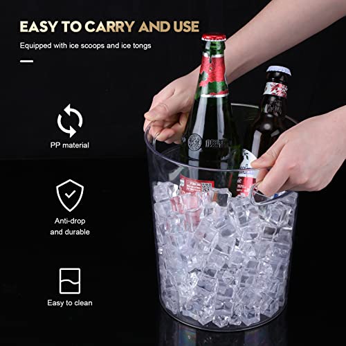 Rtteri 6 Set Plastic Ice Buckets for Parties with Handle, Scoop, Serving Tongs, Large Clear Ice Bucket Round Chiller Bever...