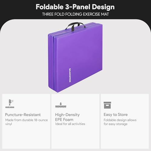 BalanceFrom 6x2 Feet 3-Panel Folding Gymnastics Mat – 2-Inch Thick Pad with Vinyl Surface and Carrying Handles for Tumblin...