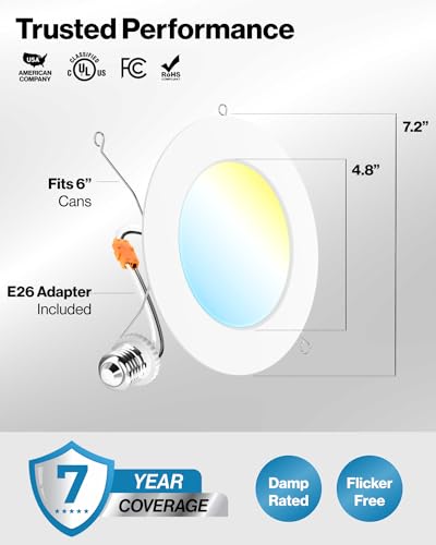 Sunco 12 Pack Retrofit LED Recessed Lighting 6 Inch, Can Lights for Ceiling, 1200 LM, 15W, Selectable CCT 2700K/3000K/4000...