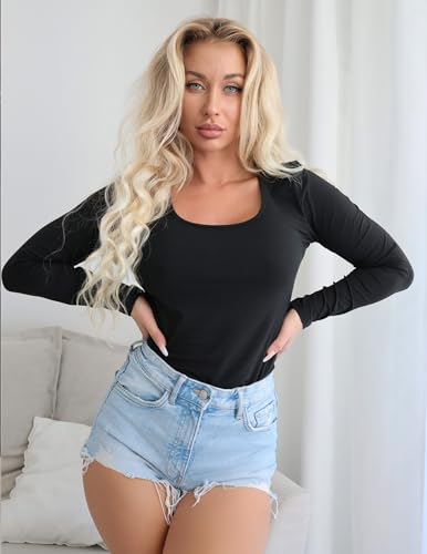 Ekouaer Women Long Sleeve Shirt Scoop Neck Tops Slim Fit Basic Top Thermal Undershirts Base Layer Tee
