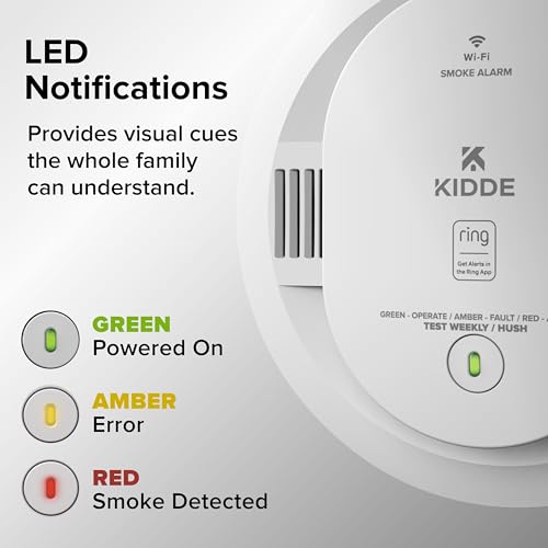 Kidde Smart Smoke Detector, Ring App Enabled for Real-Time Notifications, Hardwired Alarm, AA Backup Battery